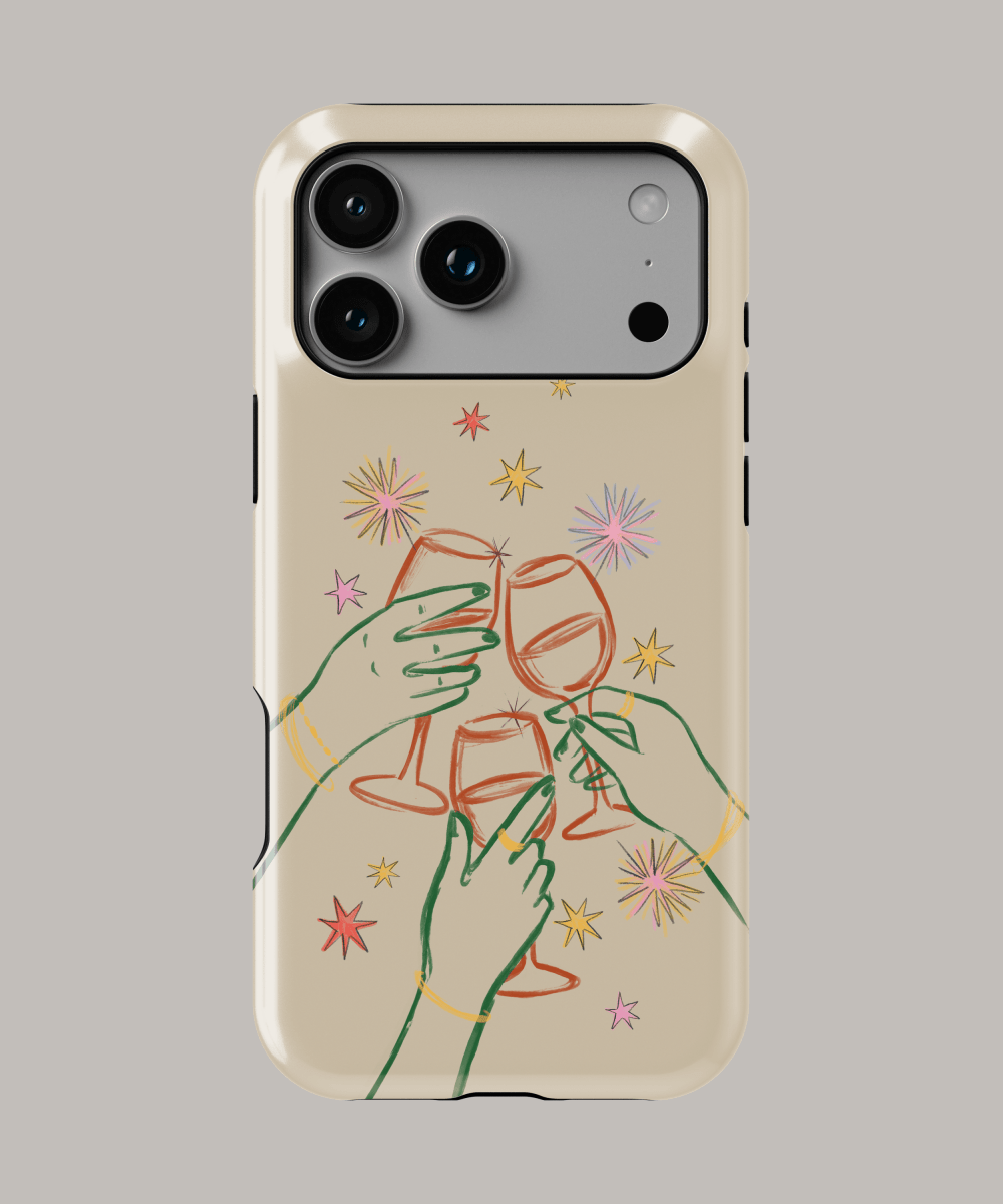 Funda iPhone personalizada resistente con diseño de copas brindando y estrellas de colores.