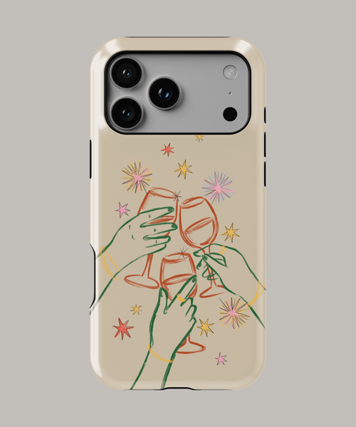 Funda iPhone personalizada resistente con diseño de copas brindando y estrellas de colores.