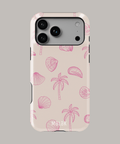 Funda personalizada para iPhone en color coral con diseño de conchas y palmeras, ideal para proteger tu dispositivo.