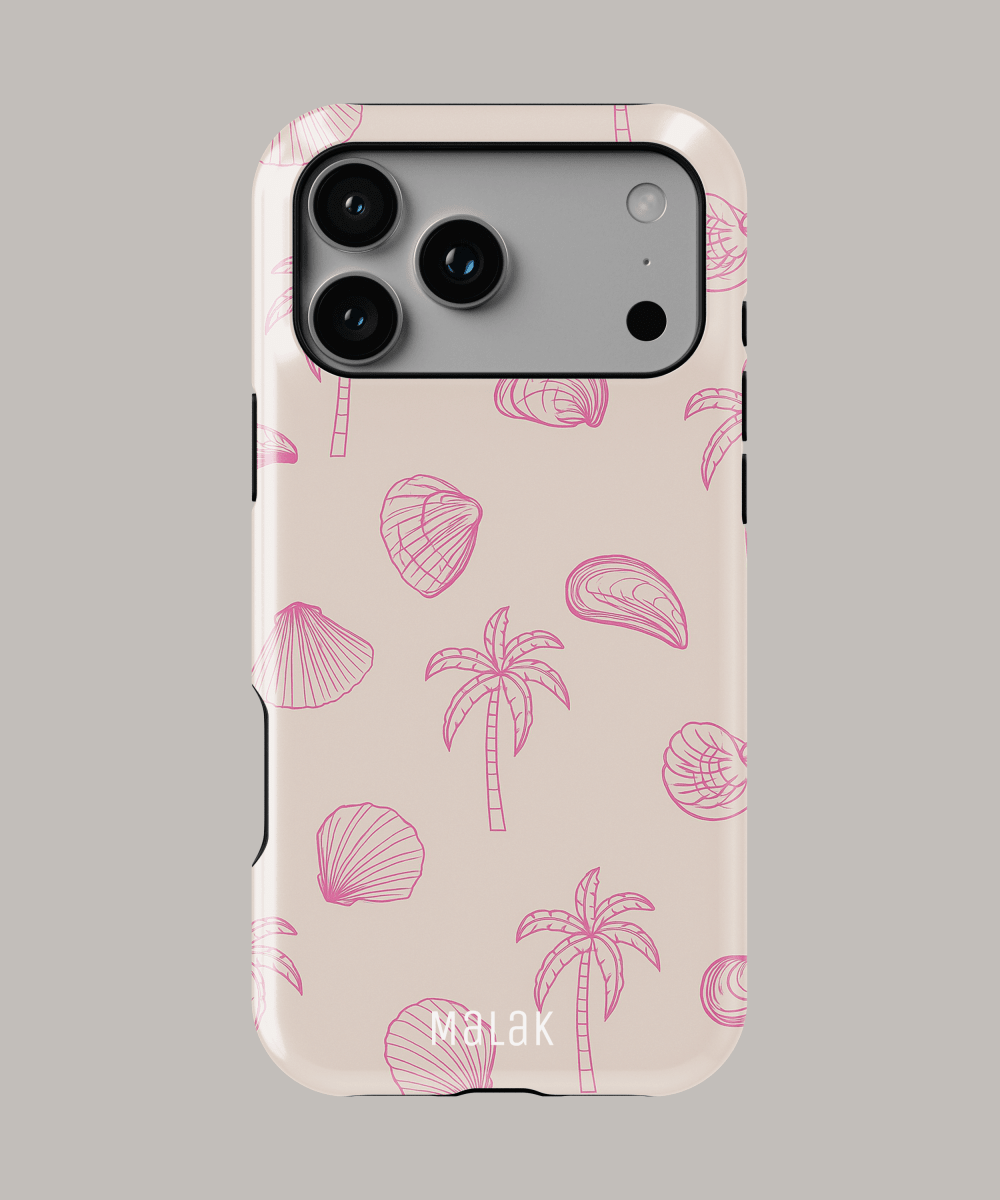 Funda personalizada para iPhone en color coral con diseño de conchas y palmeras, ideal para proteger tu dispositivo.
