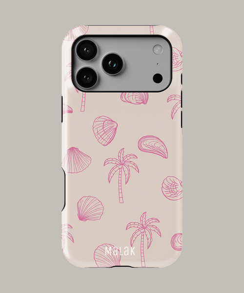 Fundas personalizadas para iPhone color coral con diseño de palmeras y conchas.