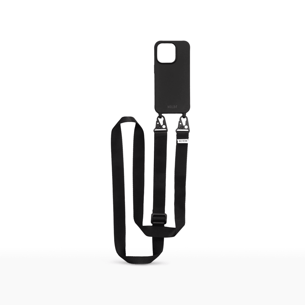 Funda de lujo para teléfono móvil con correa cruzada ajustable y material TPU duradero en color negro.