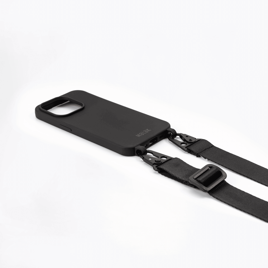 Funda de lujo para teléfono móvil con correa cruzada ajustable de fibra de naylon, color negro.