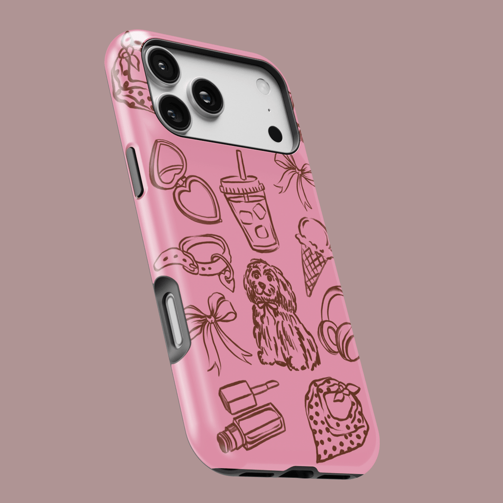 funda iPhone personalizada Dog Mom con diseño rosa y dibujos de perros, accesorios y bebidas.