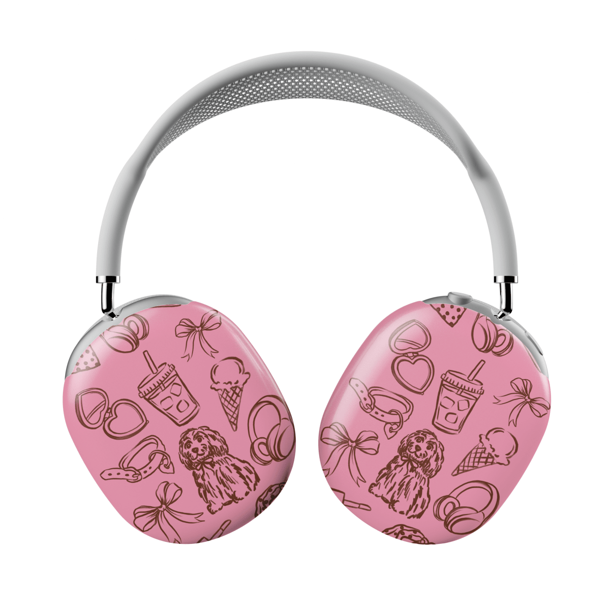 Funda AirPods Max para amantes de perros con diseño lila y dibujos de objetos relacionados con mascotas.