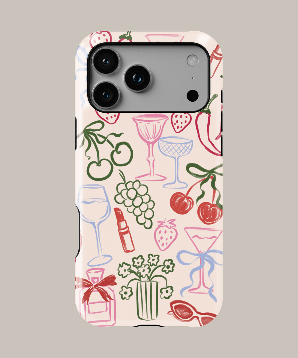 Funda personalizada para iPhone resistente con diseño colorido de frutas y cócteles.
