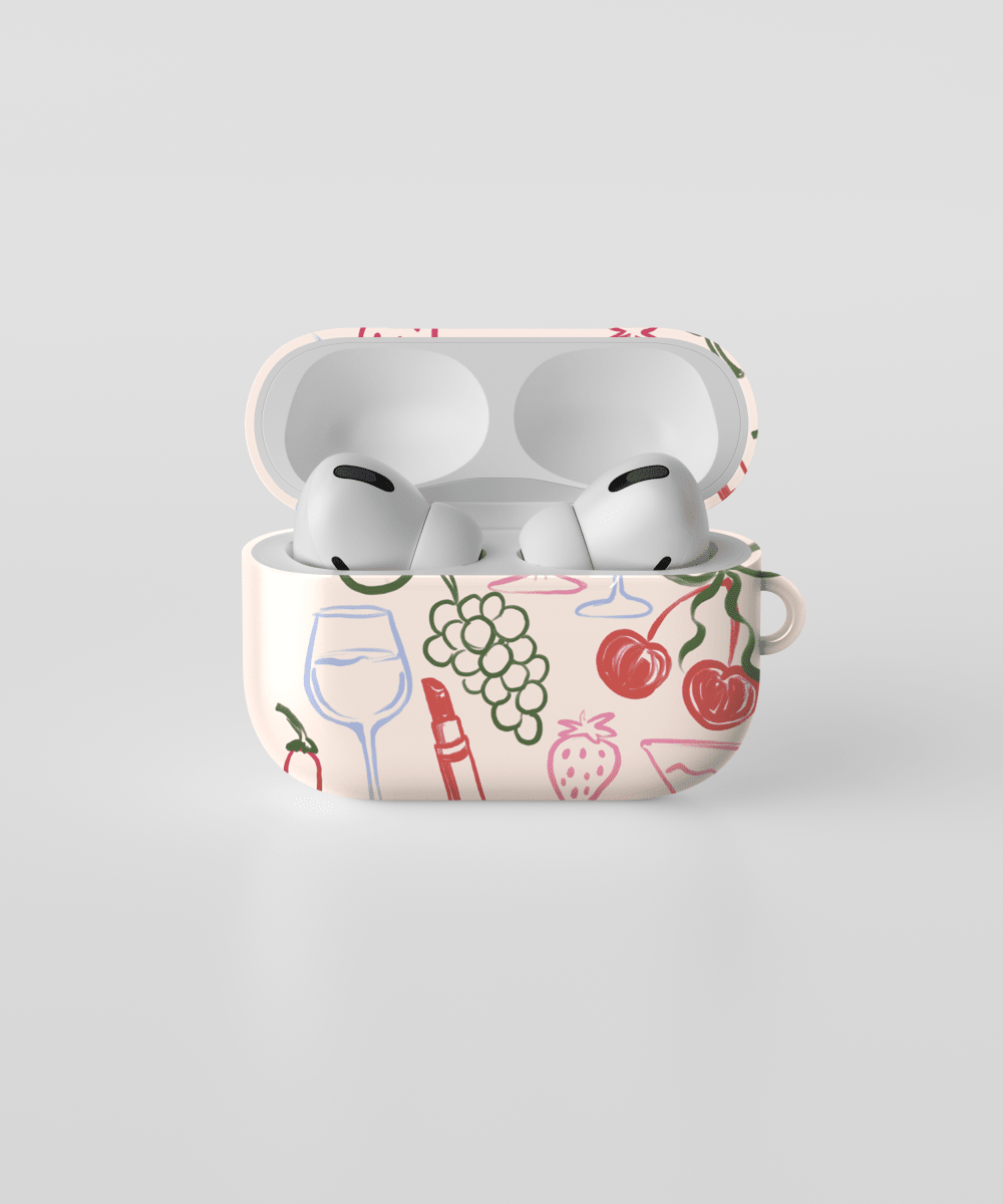 funda de AirPods con estilo polka dot, diseño moderno con ilustraciones de frutas y bebidas.