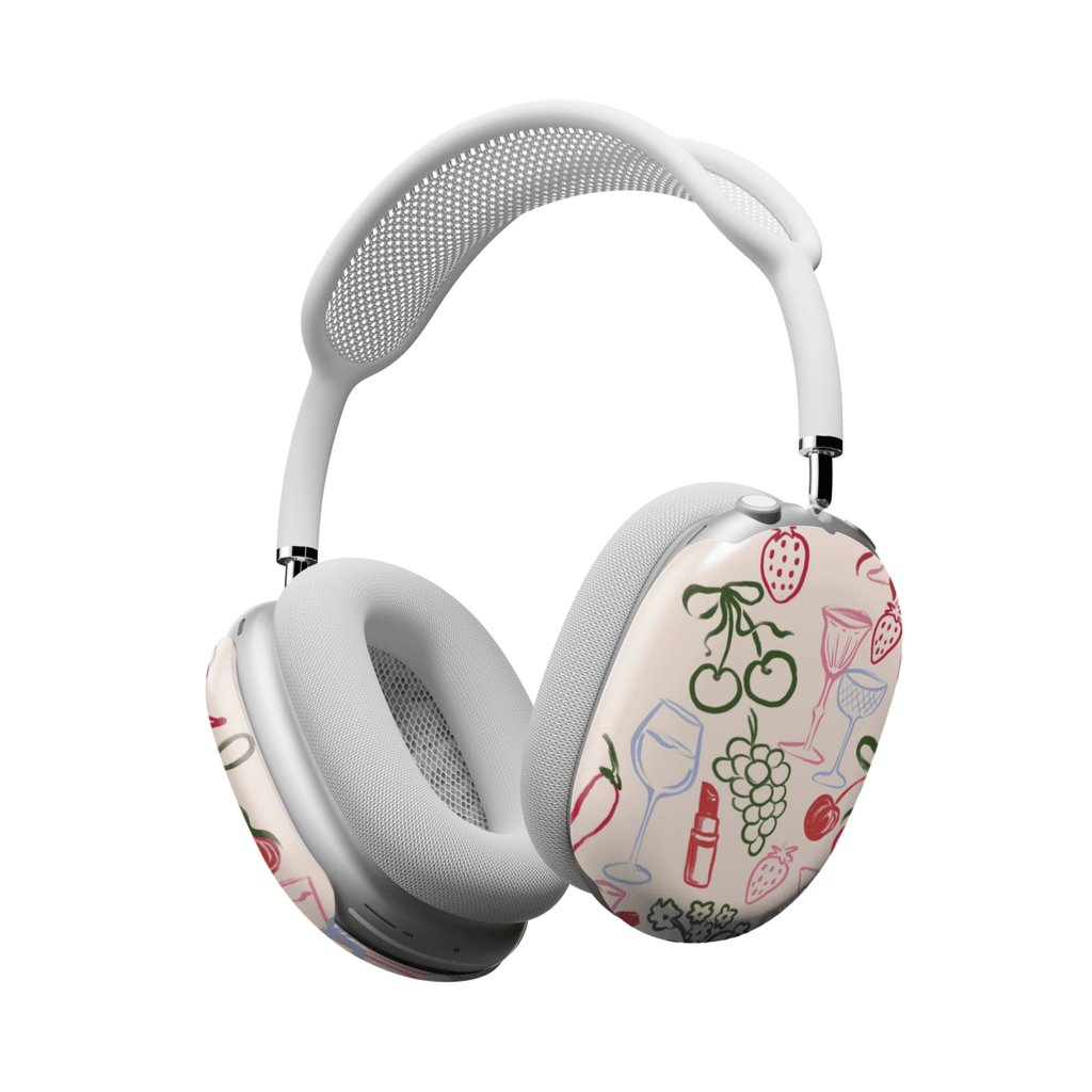 Funda elegante para AirPods Max con diseño de frutas y copas de vino, ideal para un estilo moderno y sofisticado.