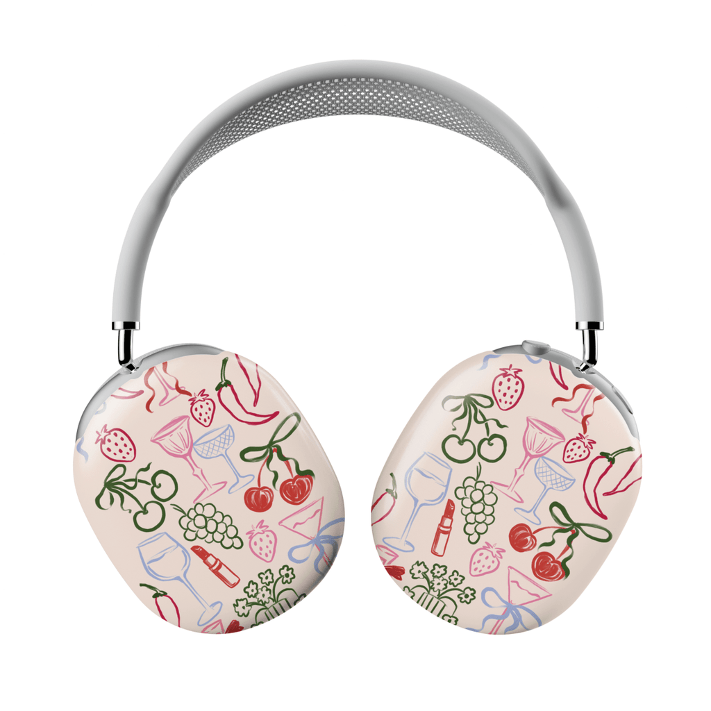 Funda elegante para AirPods Max con diseño colorido de frutas y copas de vino, ideal para un estilo moderno.