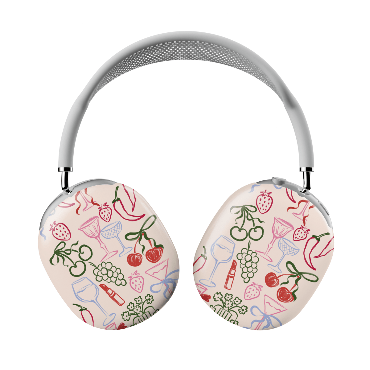 Funda elegante para AirPods Max con diseño colorido de frutas y copas de vino, ideal para un estilo moderno.