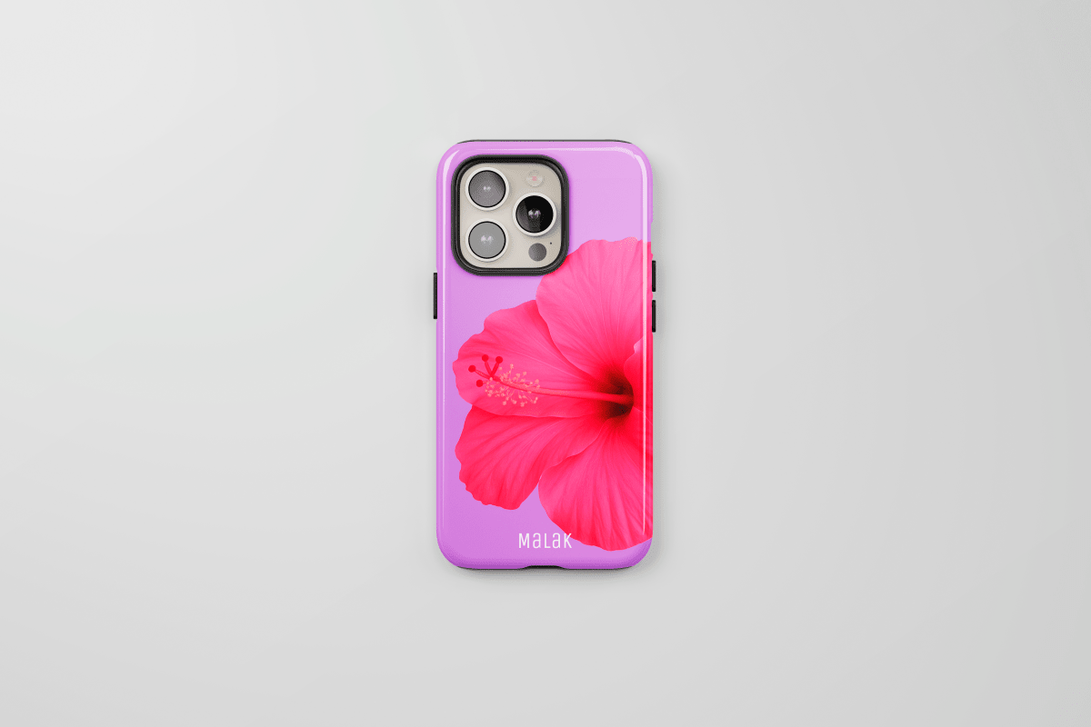 Fundas personalizadas para iPhone, funda morada con diseño de flor de hibisco en color rosa.