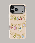 Funda personalizada iPhone resistente con diseño de joyas y charms coloridos sobre fondo nude.