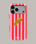 Funda personalizada resistente para iPhone con diseño de rayas rojas y aceitunas, ideal para máxima protección y estilo.