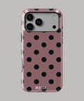 Funda personalizada para iPhone con diseño de lunares en color rosa y negro, resistente y estilizada.