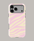 Funda personalizada para iPhone con diseño a rayas en tonos rosa y amarillo, máxima protección y estilo.