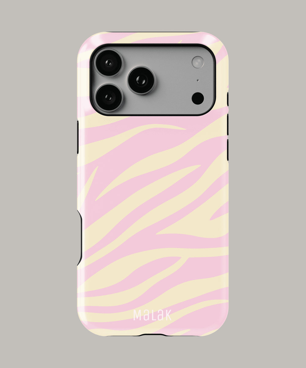 Funda personalizada para iPhone con diseño a rayas en tonos rosa y amarillo, máxima protección y estilo.