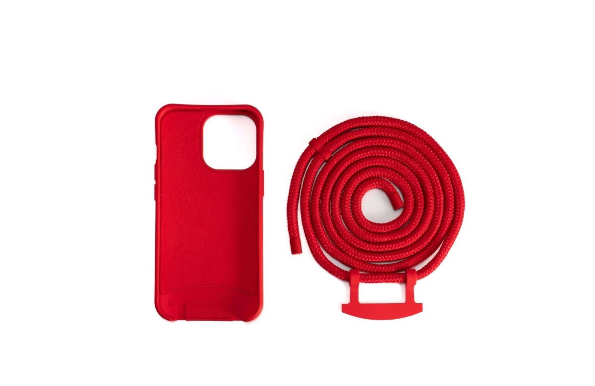 Funda de teléfono 2 en 1 con cordón rojo y cordón incluido, ideal para protección y estilo.