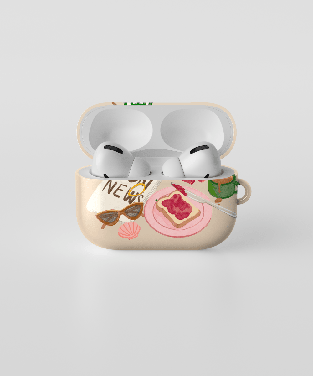 Estuche para AirPods diseño colombiano con ilustraciones coloridas y audífonos visibles.