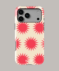 Funda personalizada para iPhone con diseño de soles rojos sobre fondo claro, ideal para máxima protección y estilo.