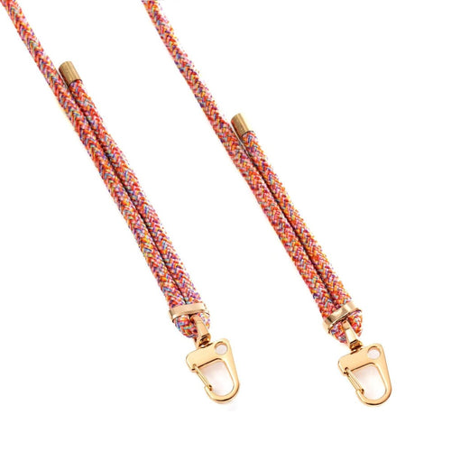 Cordón ajustable de lujo multicolor con clips dorados, ideal para accesorios versátiles y elegantes.
