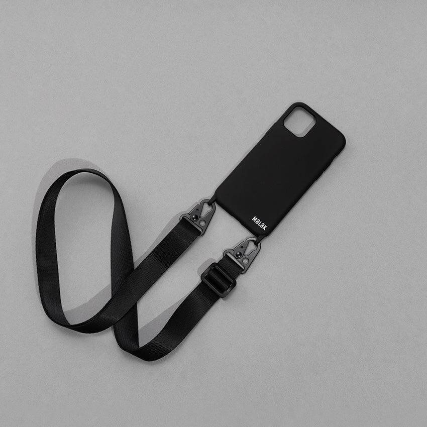 Funda de lujo para teléfono móvil negra con correa ajustable y resistente, ideal para mayor seguridad y estilo.